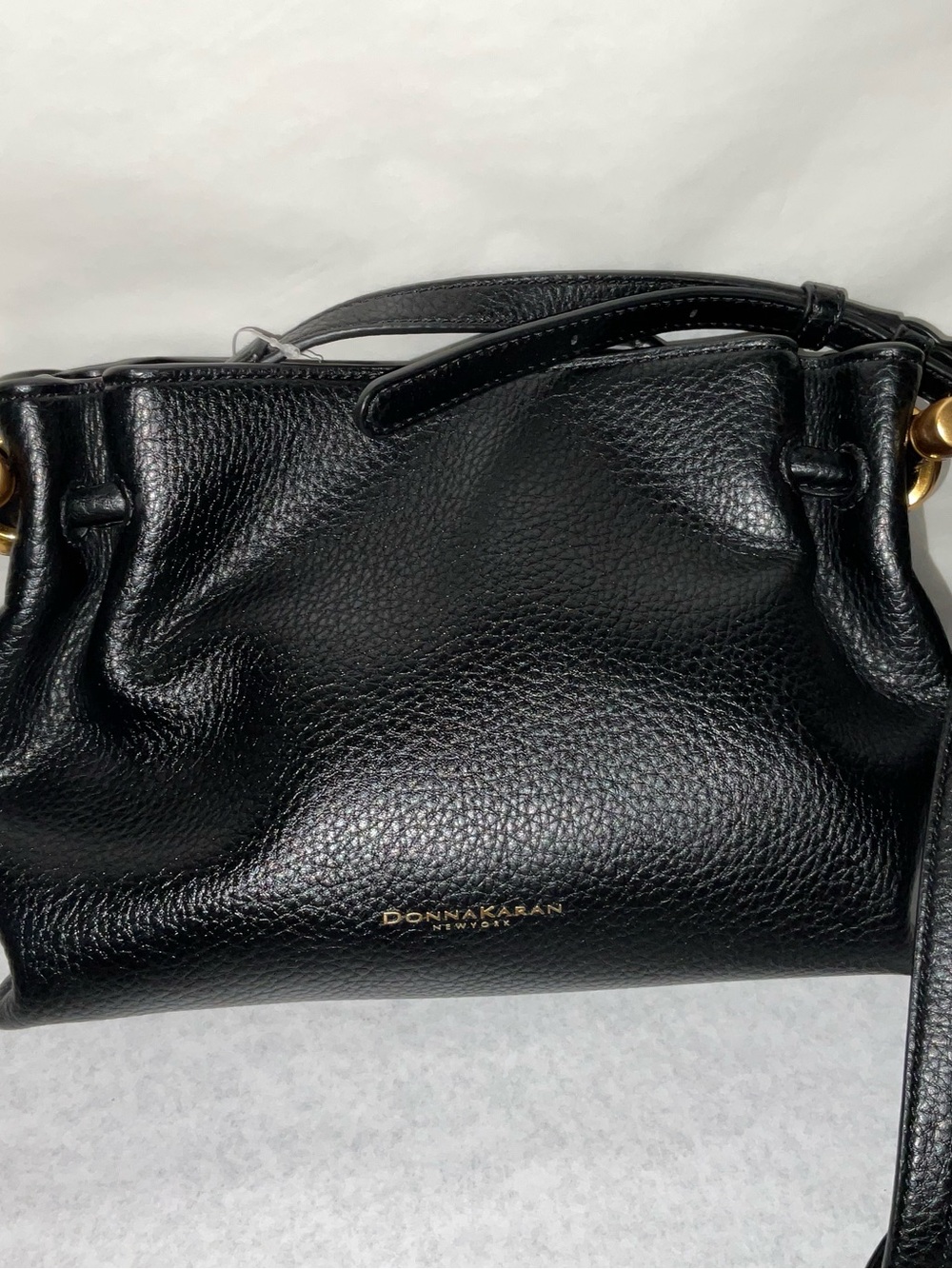 Donna Karan Black Pebbled Leather Crossbody Shoulder Bag with Gold Accents